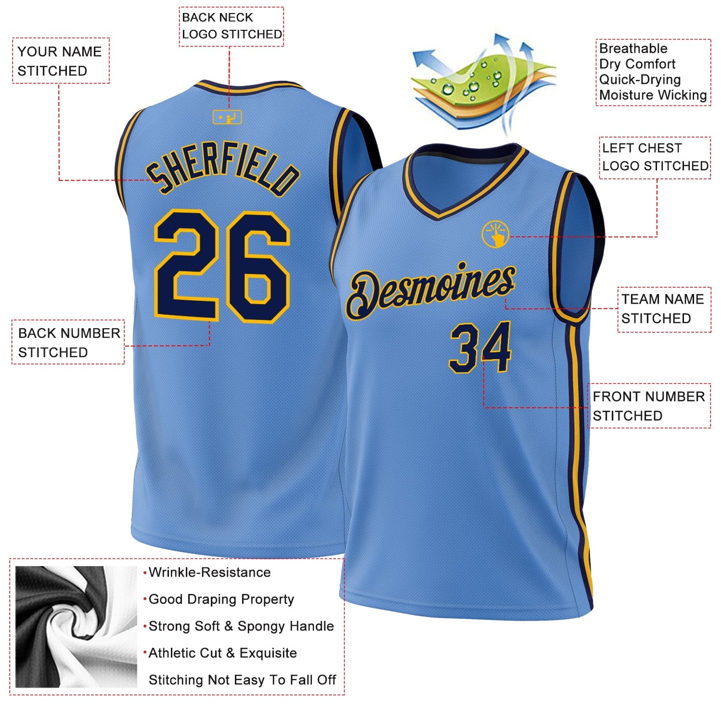 Custom Light Blue Navy-Gold Authentic Throwback Basketball Jersey - Sky-Custom