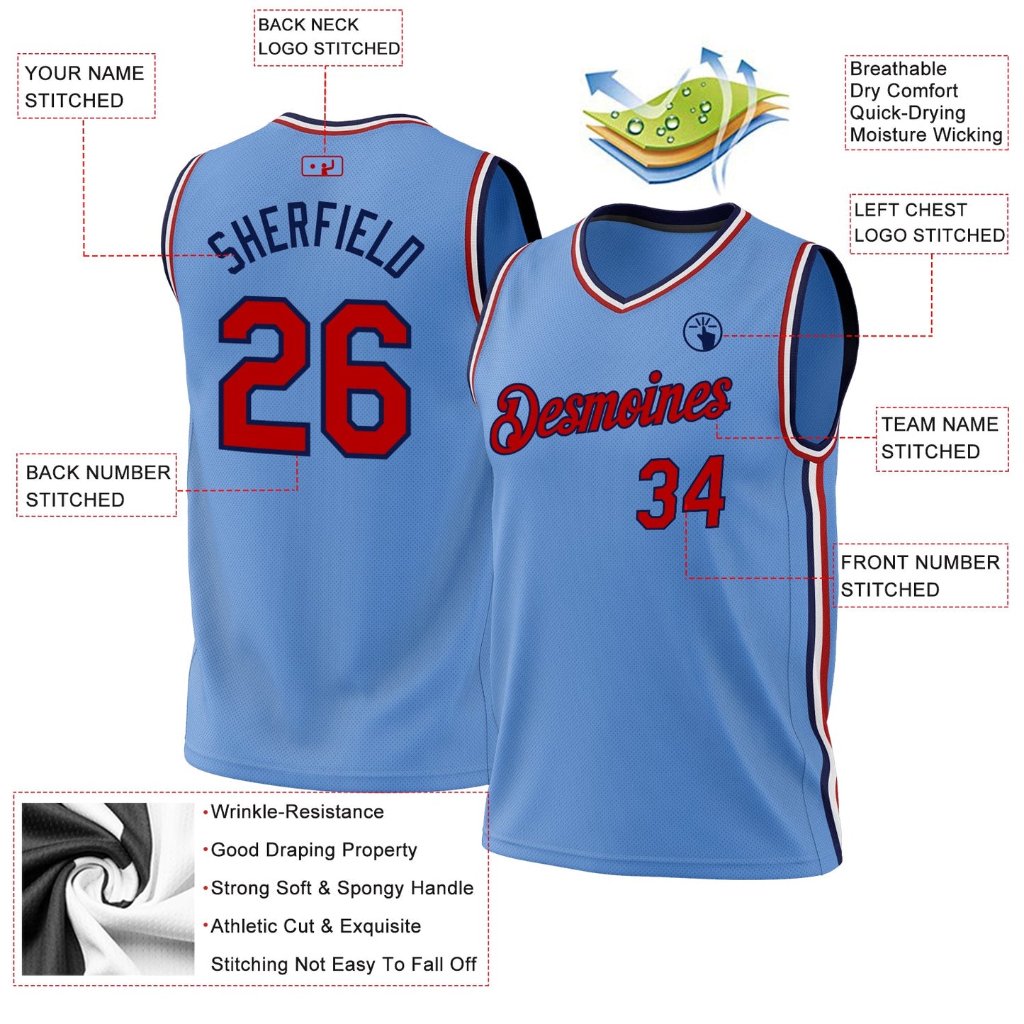 Custom Light Blue Red-Navy Authentic Throwback Basketball Jersey - Sky-Custom