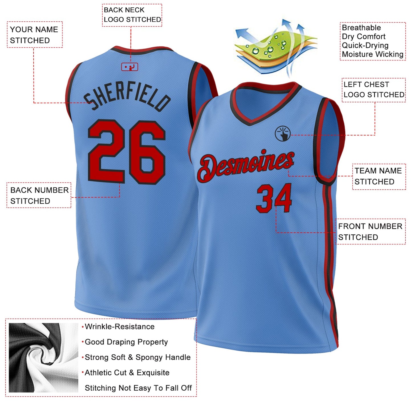 Custom Light Blue Red-Black Authentic Throwback Basketball Jersey - Sky-Custom