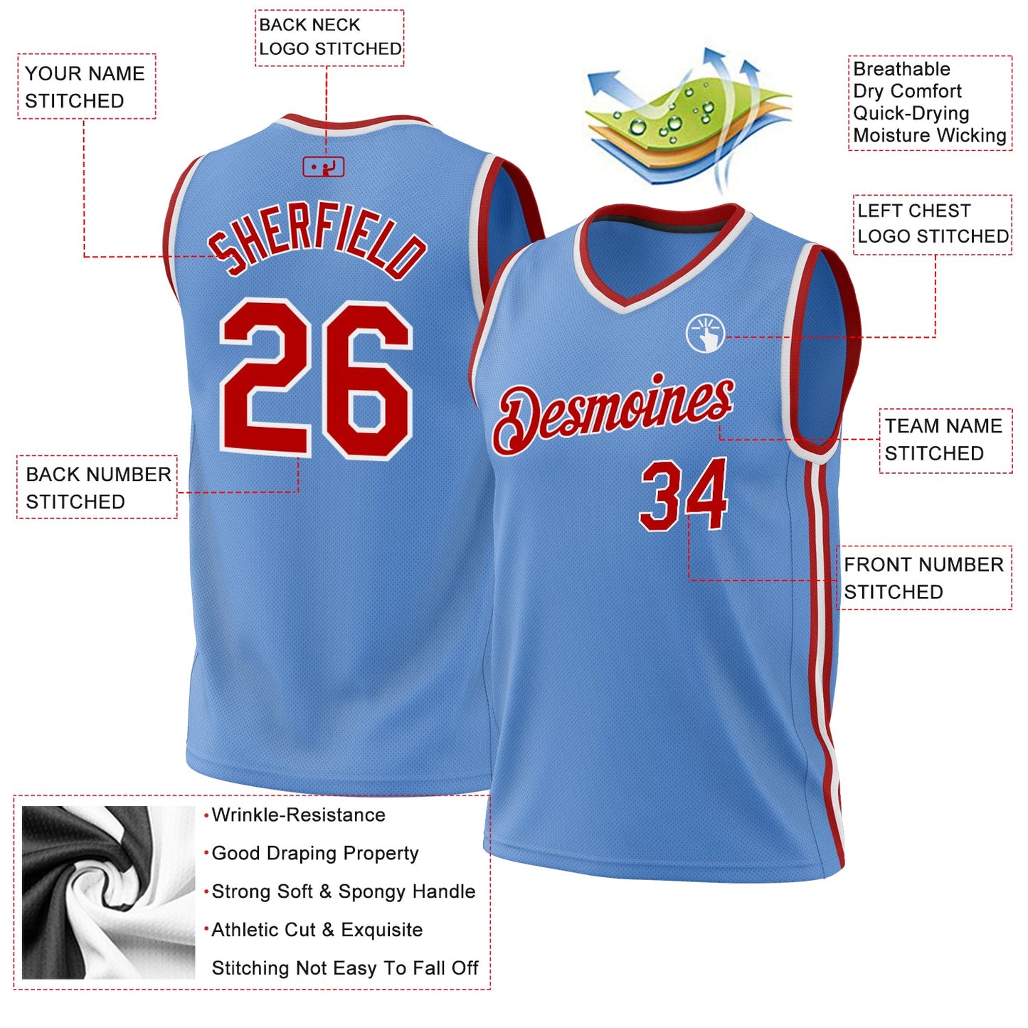 Custom Light Blue Red-White Authentic Throwback Basketball Jersey - Sky-Custom