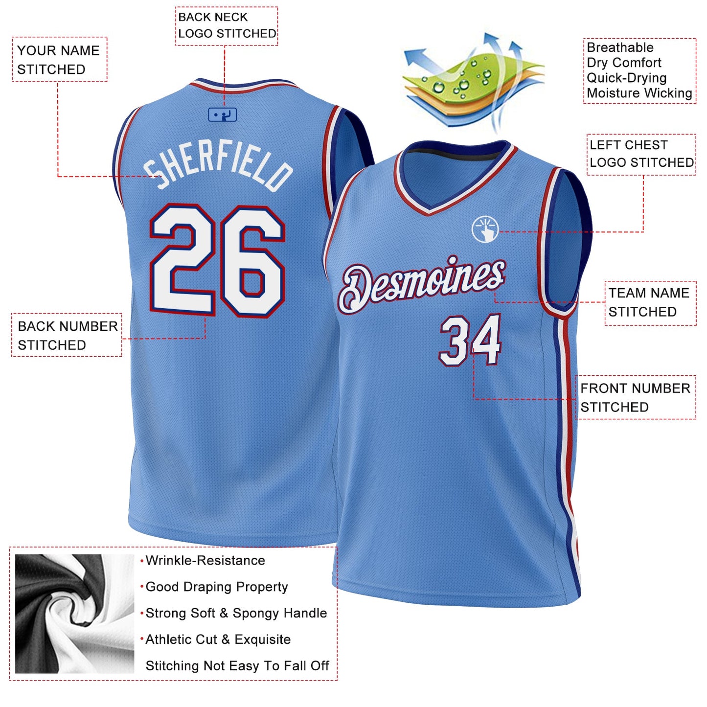 Custom Light Blue Royal-Red Authentic Throwback Basketball Jersey - Sky-Custom