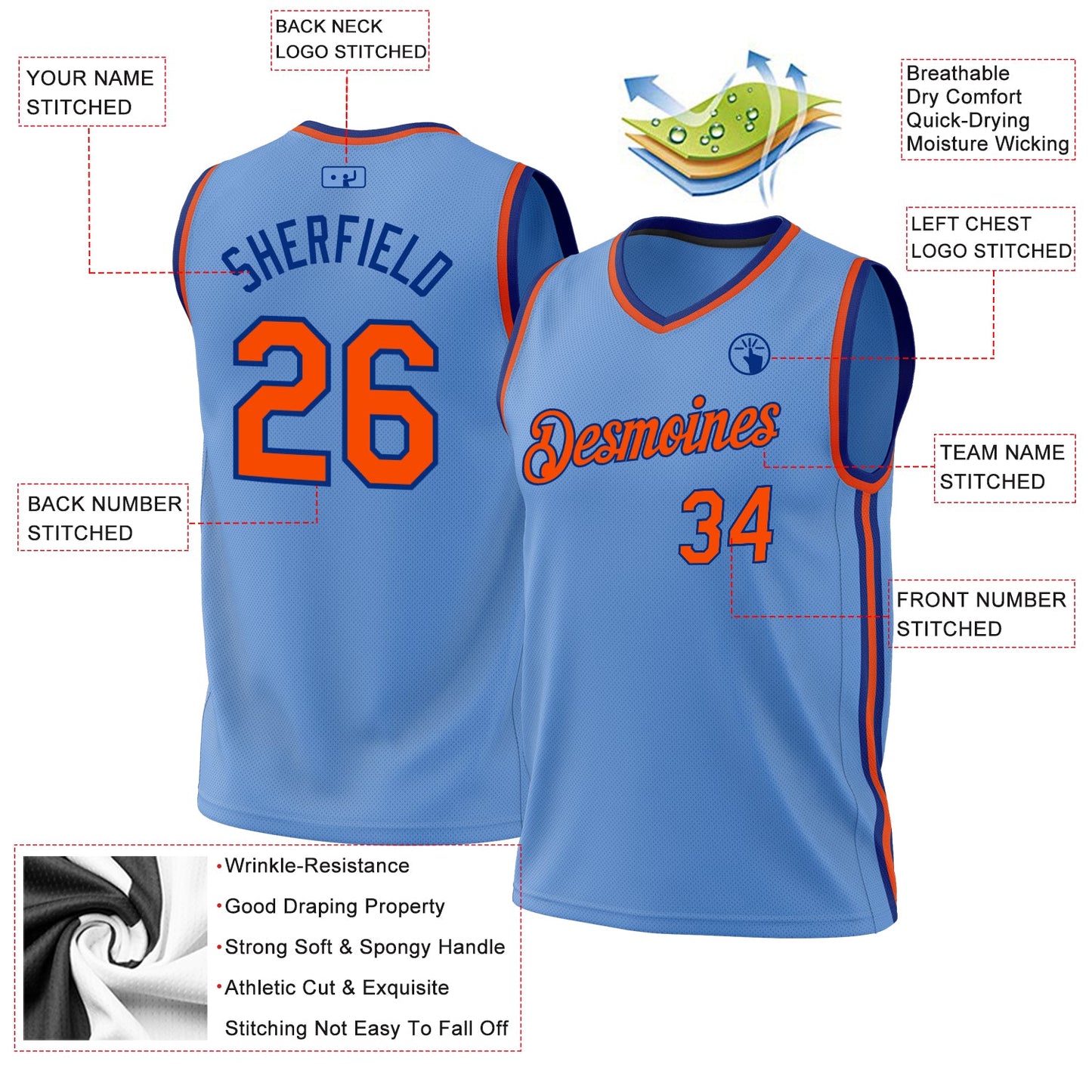 Custom Light Blue Orange-Royal Authentic Throwback Basketball Jersey - Sky-Custom