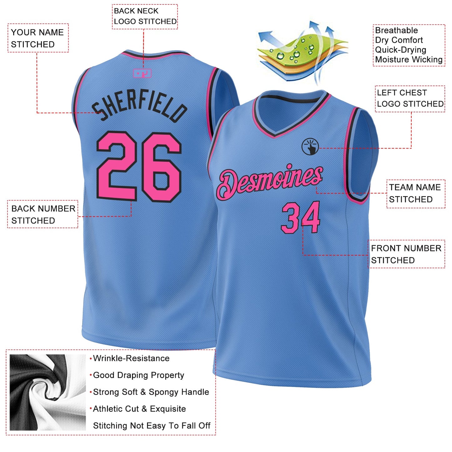 Custom Light Blue Pink-Black Authentic Throwback Basketball Jersey - Sky-Custom