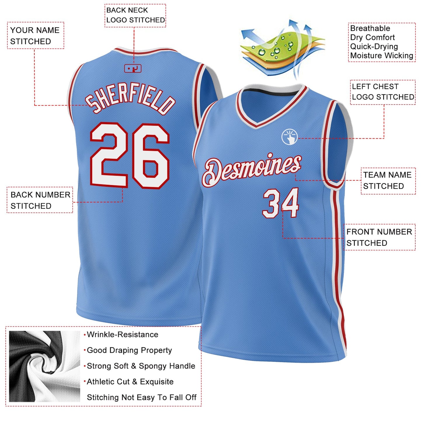 Custom Light Blue White-Red Authentic Throwback Basketball Jersey - Sky-Custom