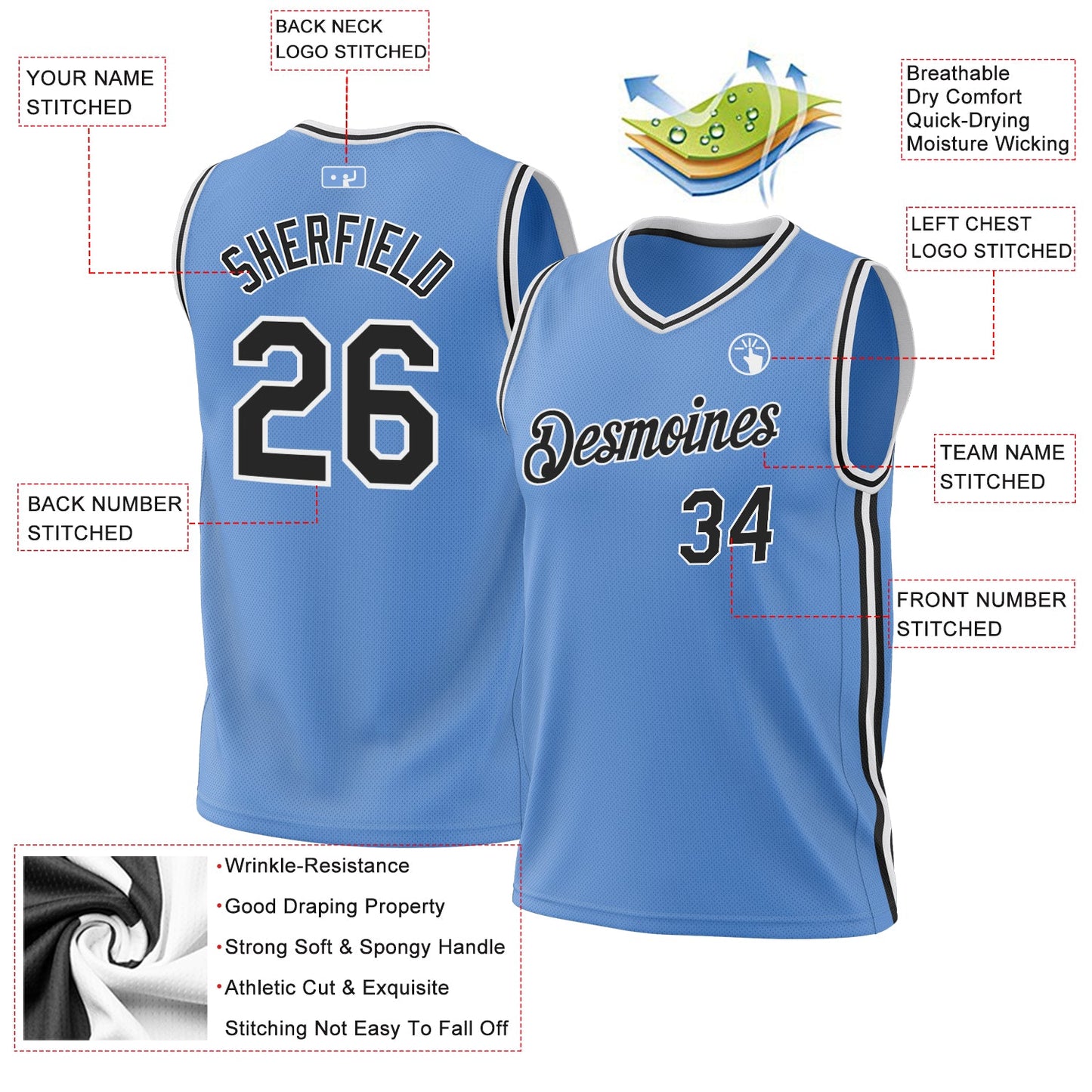 Custom Light Blue Black-White Authentic Throwback Basketball Jersey - Sky-Custom