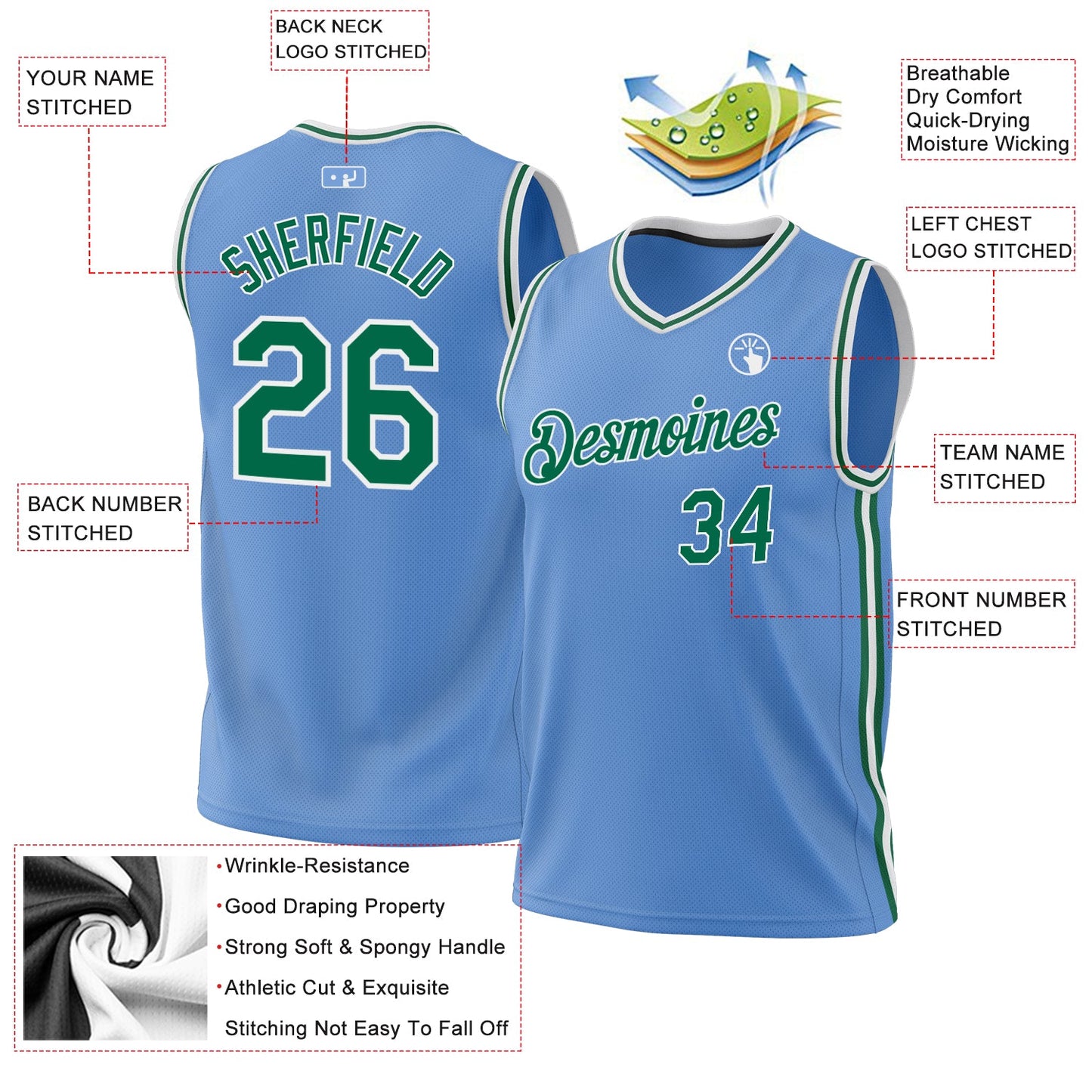 Custom Light Blue Kelly Green-White Authentic Throwback Basketball Jersey - Sky-Custom