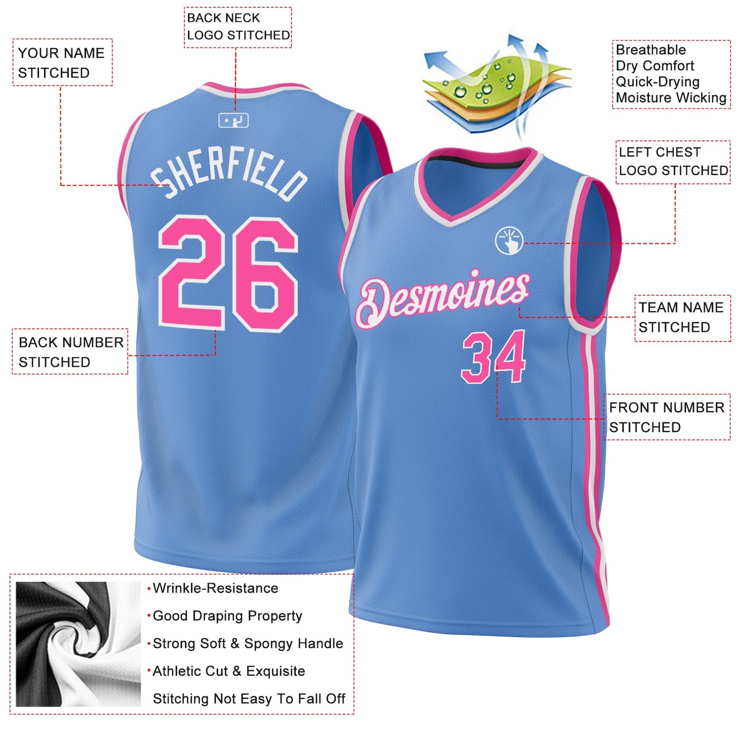 Custom Light Blue Pink-White Authentic Throwback Basketball Jersey - Sky-Custom