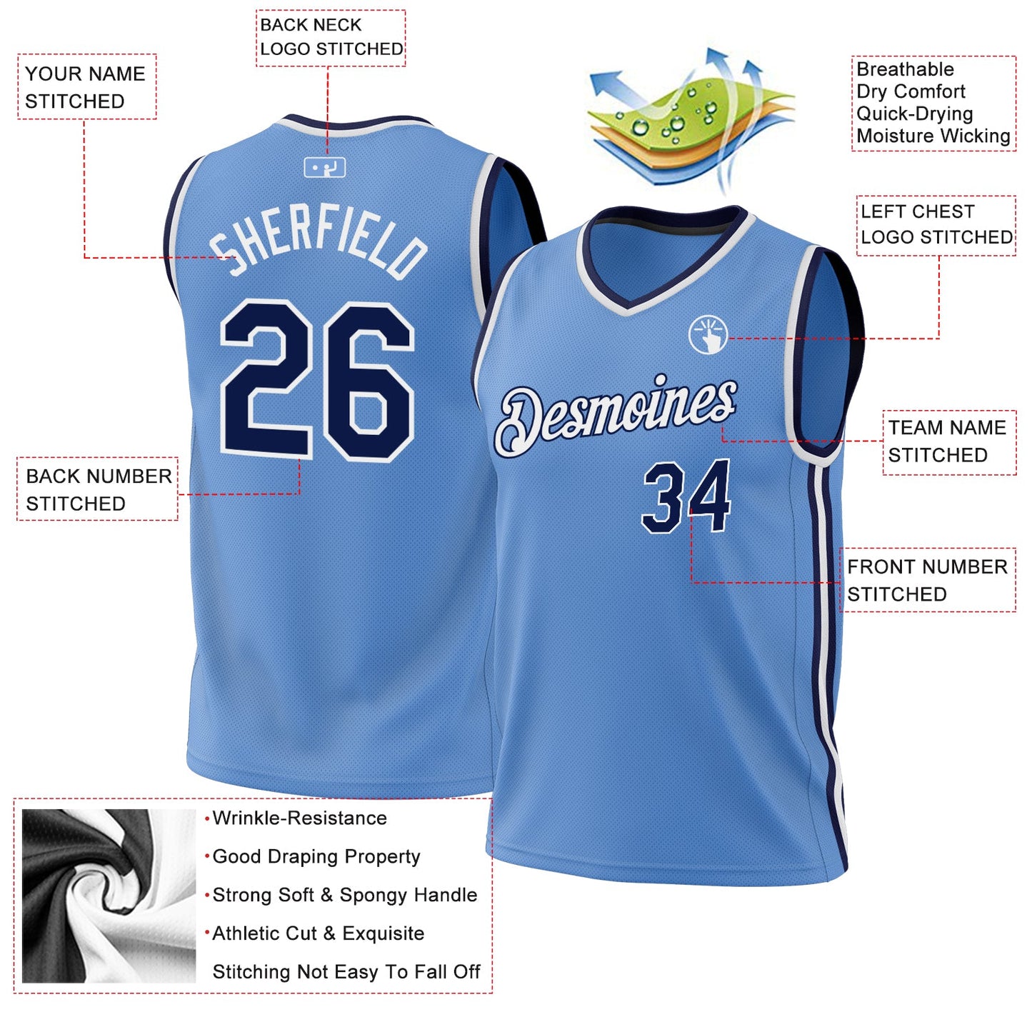 Custom Light Blue Navy-White Authentic Throwback Basketball Jersey - Sky-Custom