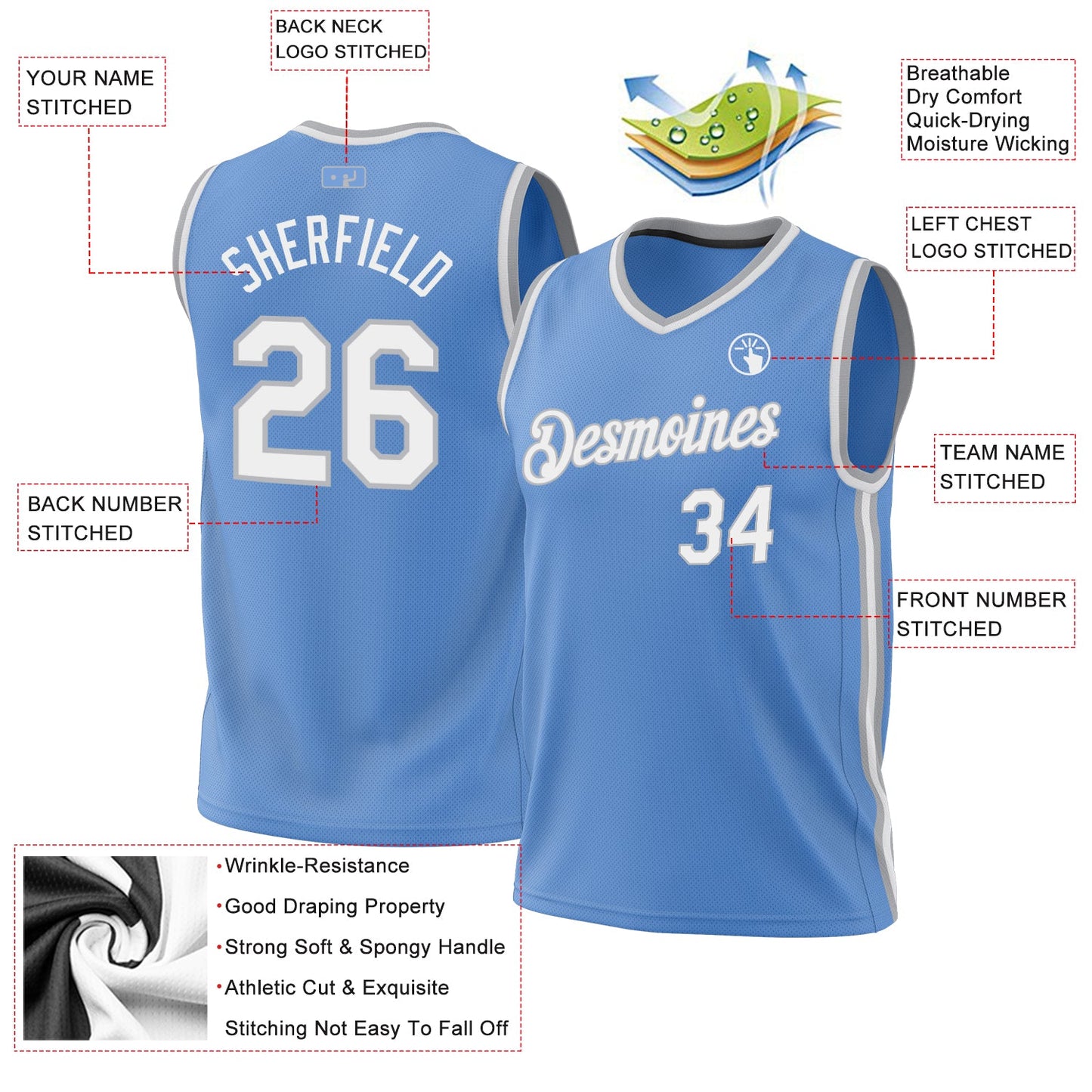 Custom Light Blue White-Gray Authentic Throwback Basketball Jersey - Sky-Custom