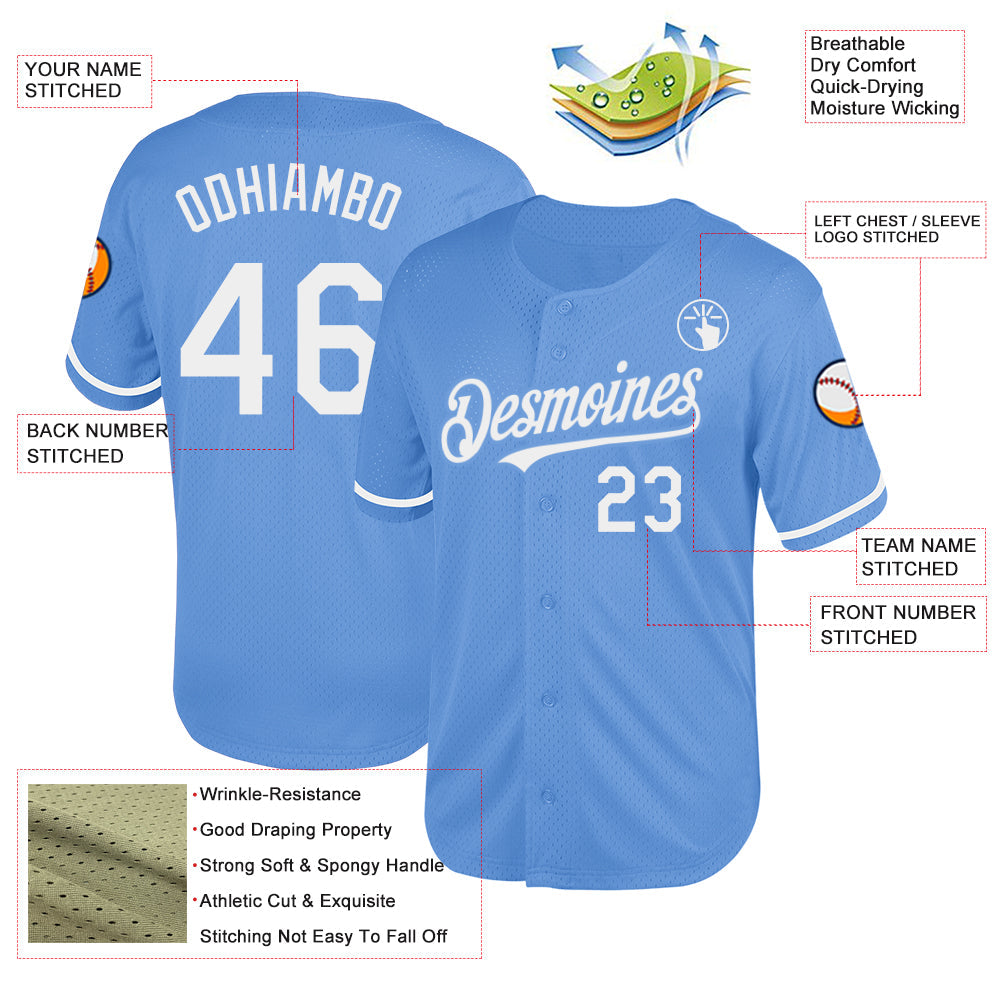 Custom Light Blue White Mesh Authentic Throwback Baseball Jersey - Sky-Custom