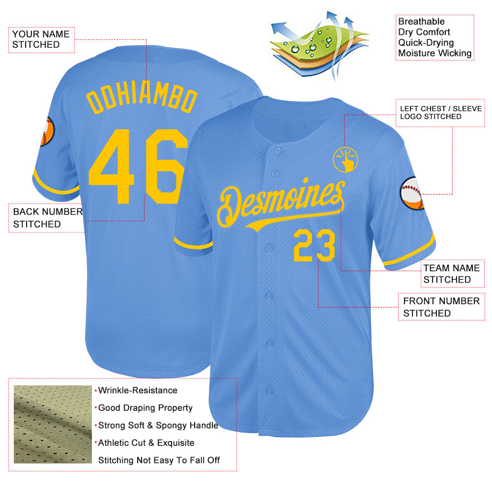 Custom Light Blue Yellow Mesh Authentic Throwback Baseball Jersey - Sky-Custom