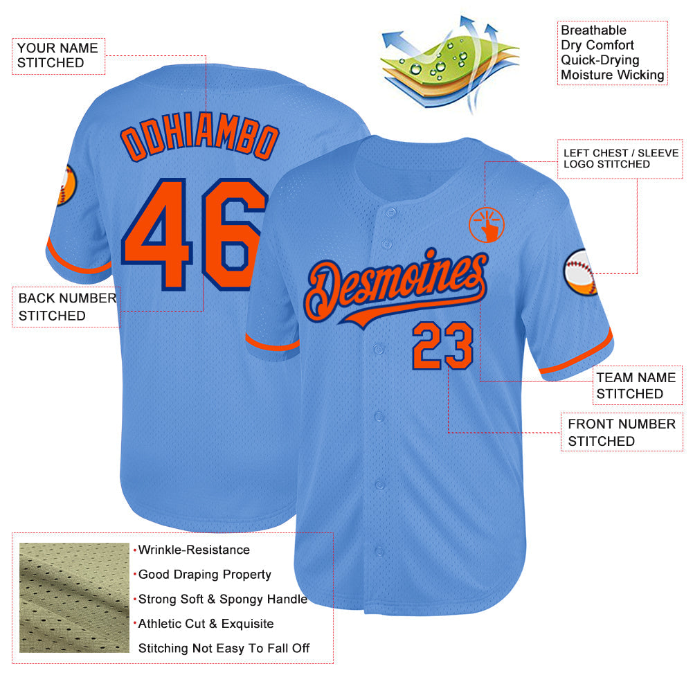 Custom Light Blue Orange-Royal Mesh Authentic Throwback Baseball Jersey - Sky-Custom
