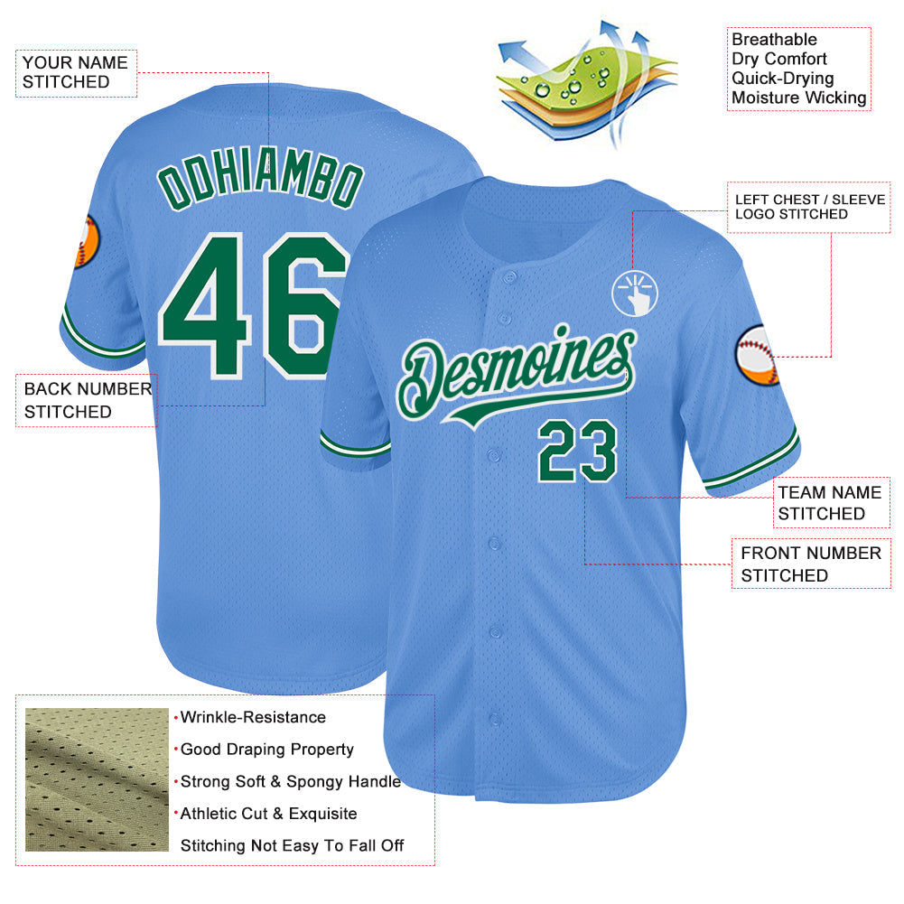 Custom Light Blue Kelly Green-White Mesh Authentic Throwback Baseball Jersey - Sky-Custom