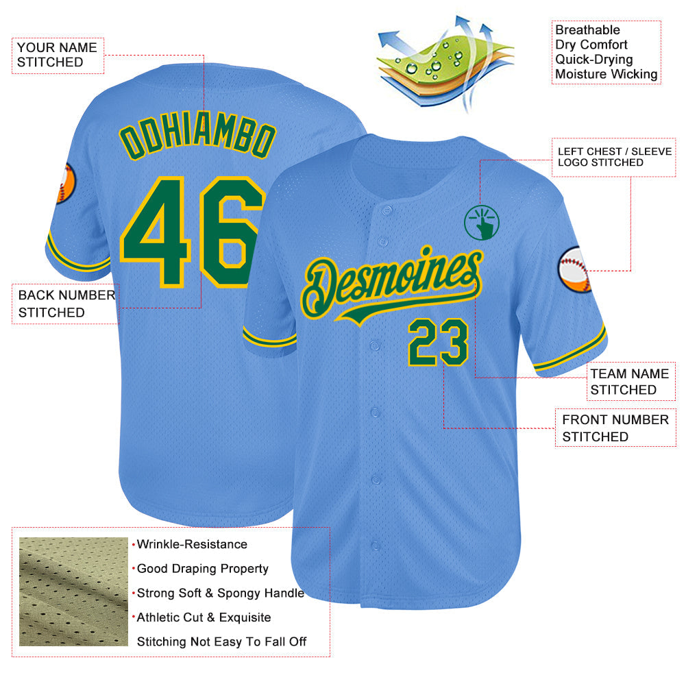 Custom Light Blue Kelly Green-Yellow Mesh Authentic Throwback Baseball Jersey - Sky-Custom
