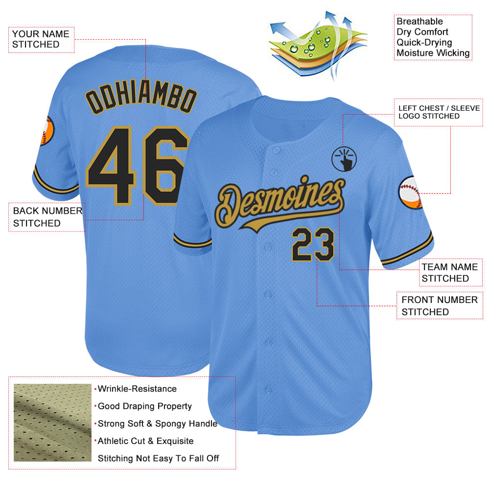 Custom Light Blue Black-Old Gold Mesh Authentic Throwback Baseball Jersey - Sky-Custom