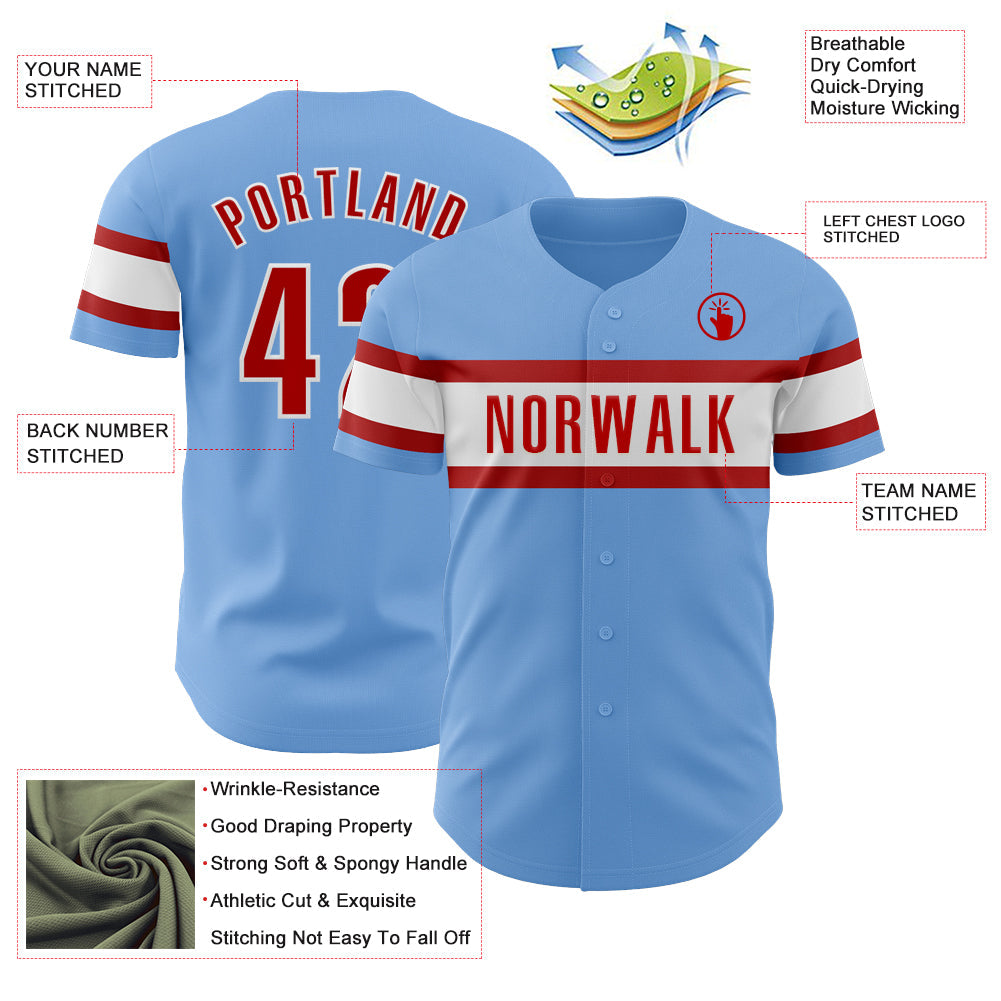 Custom Light Blue Red-White Authentic Baseball Jersey - Sky-Custom