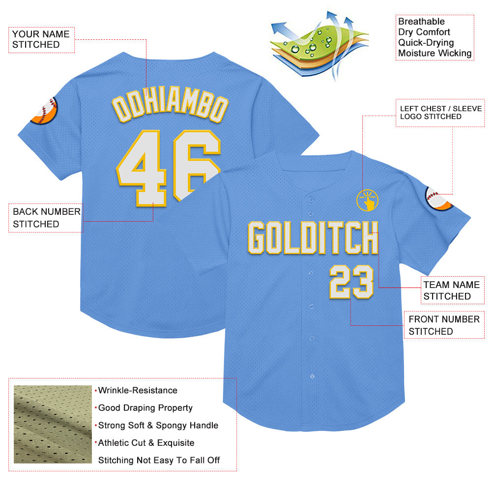 Custom Light Blue White-Yellow Mesh Authentic Throwback Baseball Jersey - Sky-Custom
