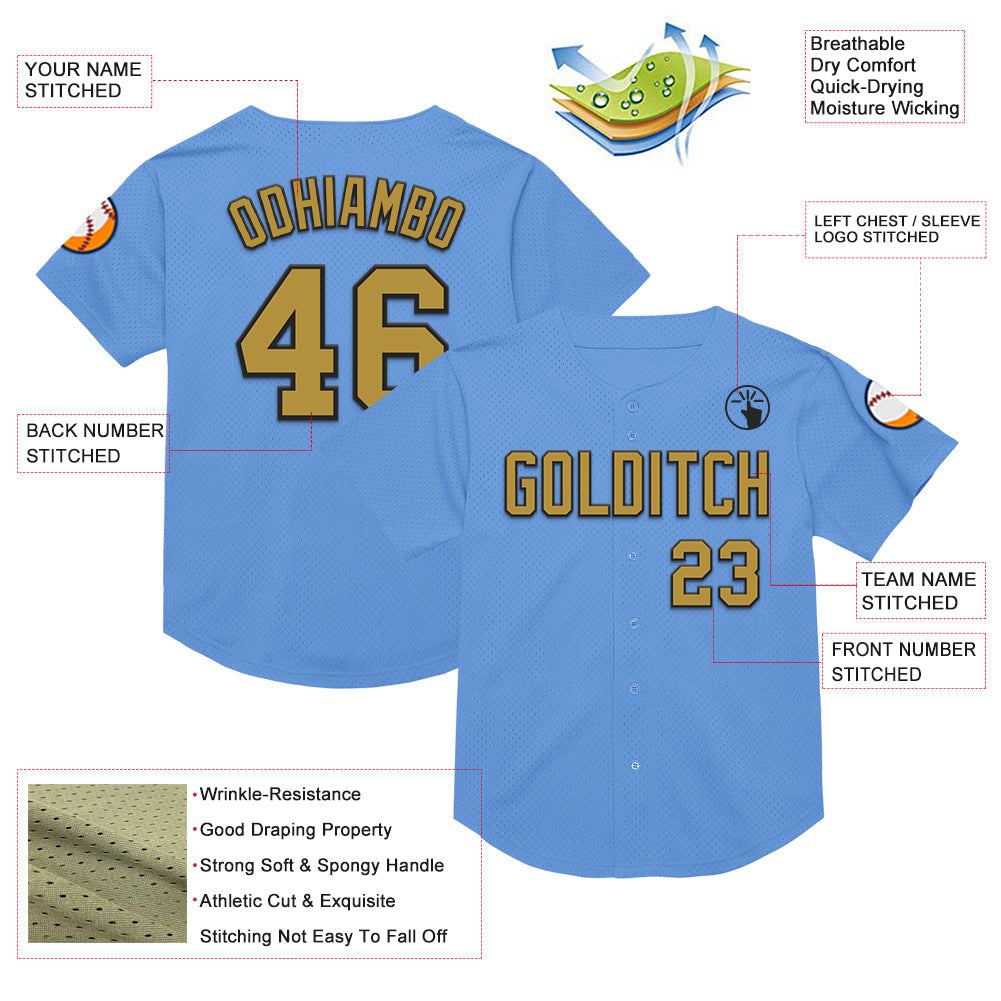 Custom Light Blue Old Gold-Black Mesh Authentic Throwback Baseball Jersey - Sky-Custom
