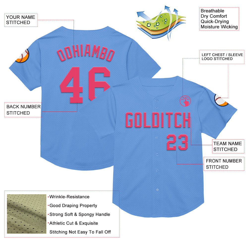 Custom Light Blue Neon Pink Mesh Authentic Throwback Baseball Jersey - Sky-Custom