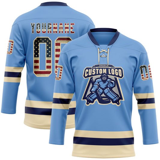 Custom Light Blue Vintage USA Flag Cream-Navy Hockey Lace Neck Jersey - Sky-Custom