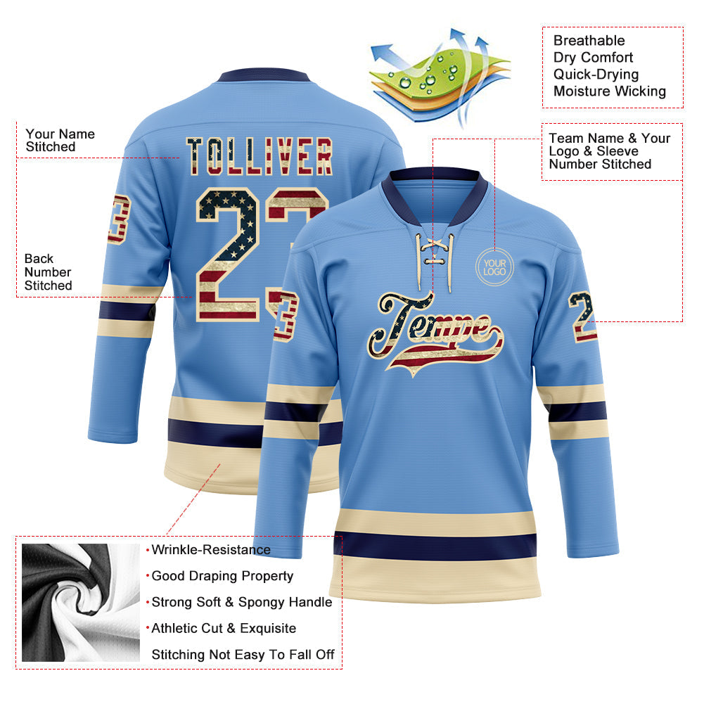 Custom Light Blue Vintage USA Flag Cream-Navy Hockey Lace Neck Jersey - Sky-Custom