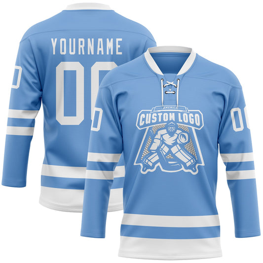 Custom Light Blue White Hockey Lace Neck Jersey - Sky-Custom
