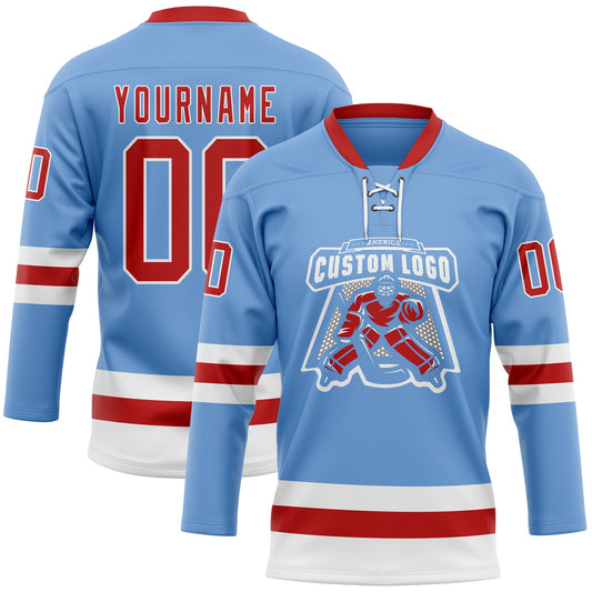Custom Light Blue Red-White Hockey Lace Neck Jersey - Sky-Custom