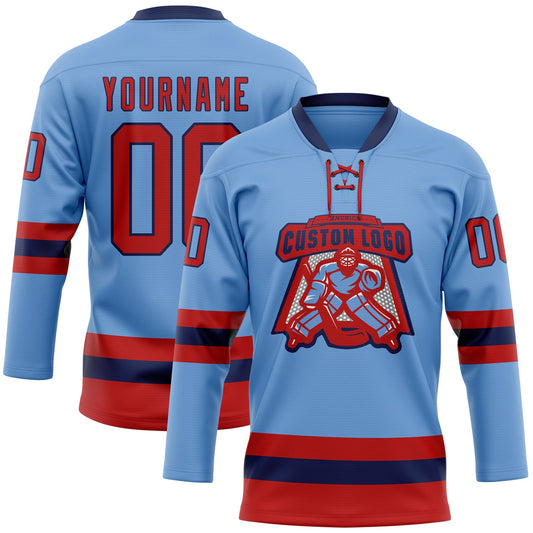 Custom Light Blue Red-Navy Hockey Lace Neck Jersey - Sky-Custom