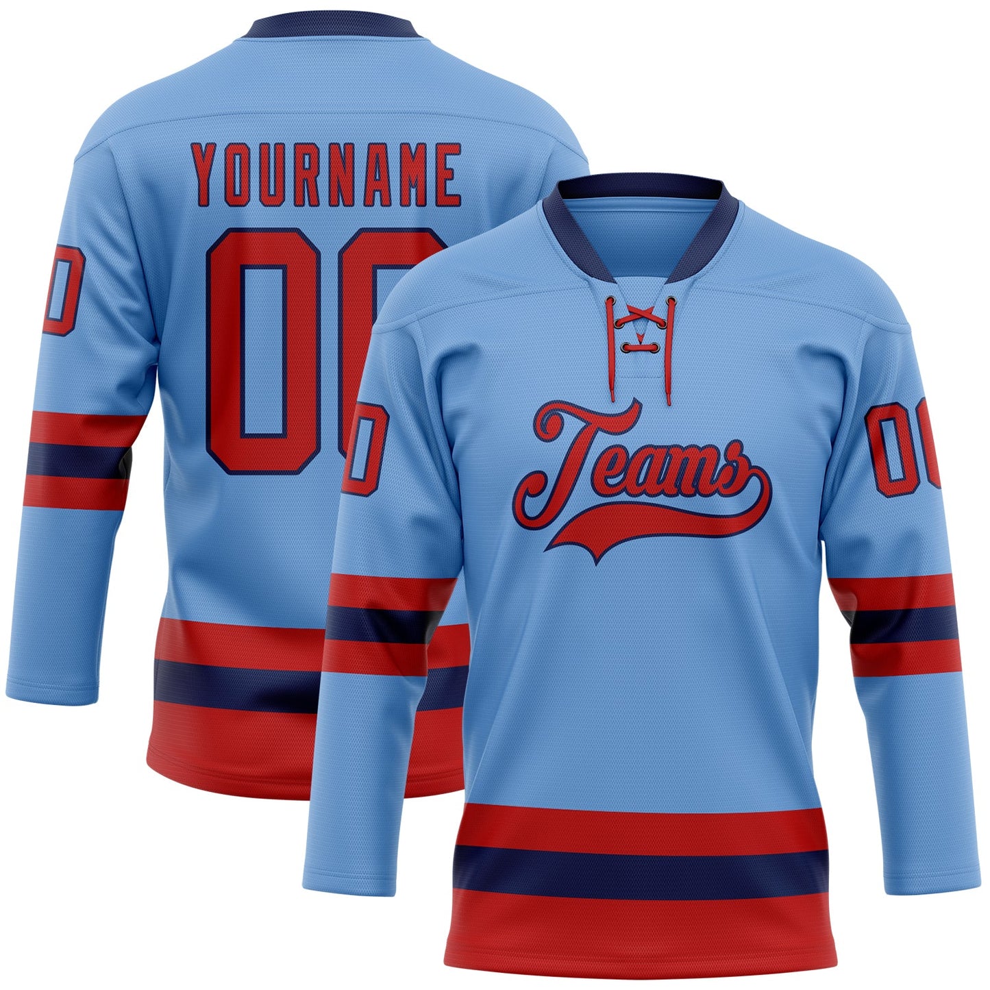 Custom Light Blue Red-Navy Hockey Lace Neck Jersey - Sky-Custom