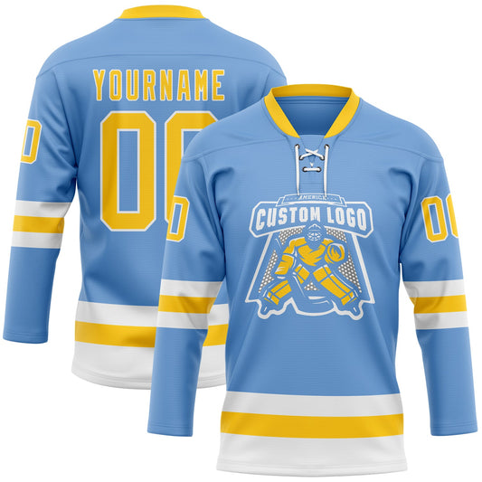 Custom Light Blue Yellow-White Hockey Lace Neck Jersey - Sky-Custom