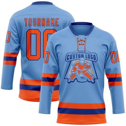 Custom Light Blue Orange-Royal Hockey Lace Neck Jersey - Sky-Custom