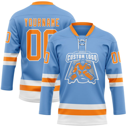 Custom Light Blue Bay Orange-White Hockey Lace Neck Jersey - Sky-Custom