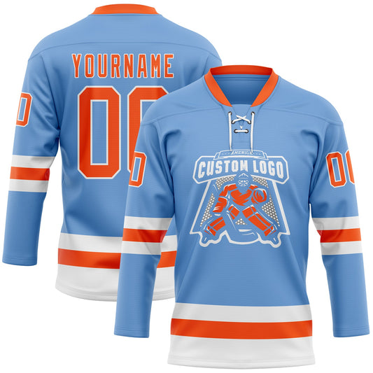 Custom Light Blue Orange-White Hockey Lace Neck Jersey - Sky-Custom