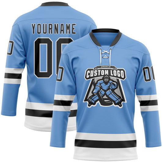 Custom Light Blue Black-White Hockey Lace Neck Jersey - Sky-Custom