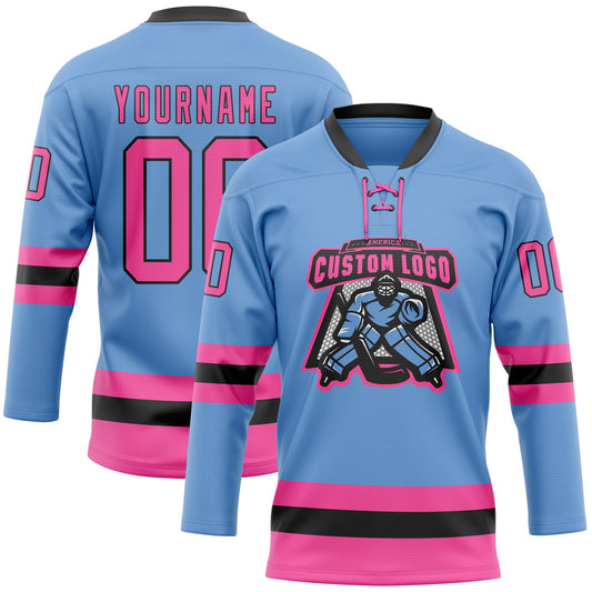 Custom Light Blue Pink-Black Hockey Lace Neck Jersey - Sky-Custom