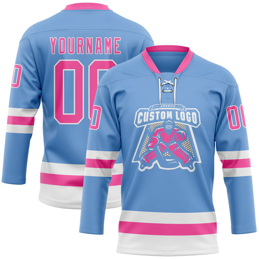 Custom Light Blue Pink-White Hockey Lace Neck Jersey - Sky-Custom