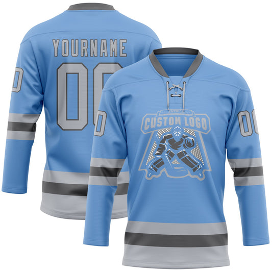 Custom Light Blue Gray-Steel Gray Hockey Lace Neck Jersey - Sky-Custom