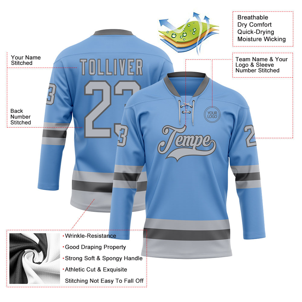 Custom Light Blue Gray-Steel Gray Hockey Lace Neck Jersey - Sky-Custom