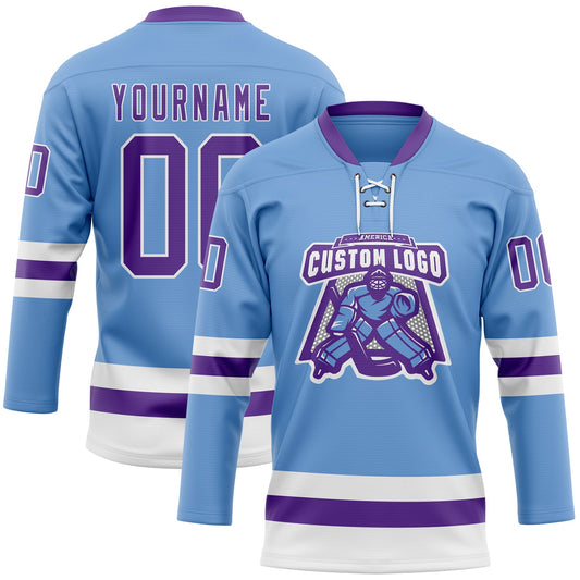 Custom Light Blue Purple-White Hockey Lace Neck Jersey - Sky-Custom