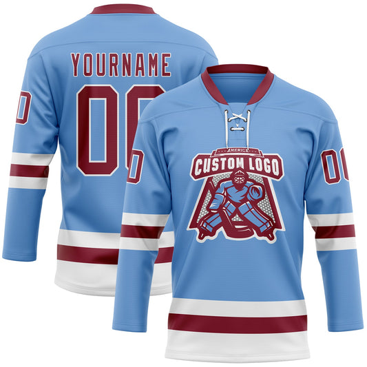 Custom Light Blue Crimson-White Hockey Lace Neck Jersey - Sky-Custom