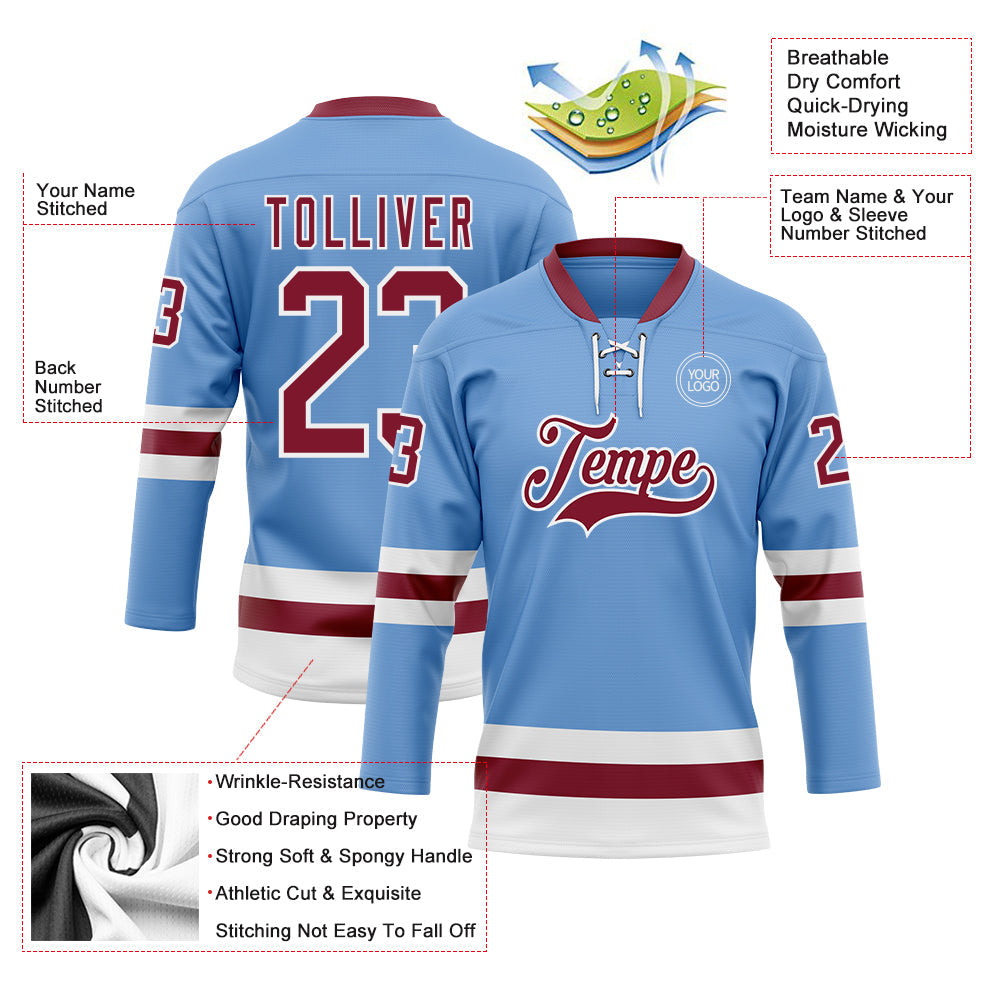 Custom Light Blue Crimson-White Hockey Lace Neck Jersey - Sky-Custom