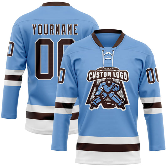 Custom Light Blue Brown-White Hockey Lace Neck Jersey - Sky-Custom