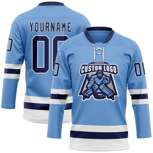 Custom Light Blue Navy-White Hockey Lace Neck Jersey - Sky-Custom