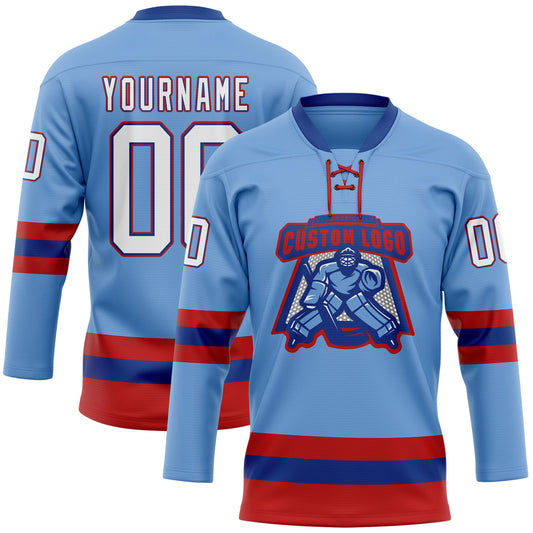 Custom Light Blue Royal-Red Hockey Lace Neck Jersey - Sky-Custom