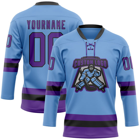 Custom Light Blue Purple-Black Hockey Lace Neck Jersey - Sky-Custom