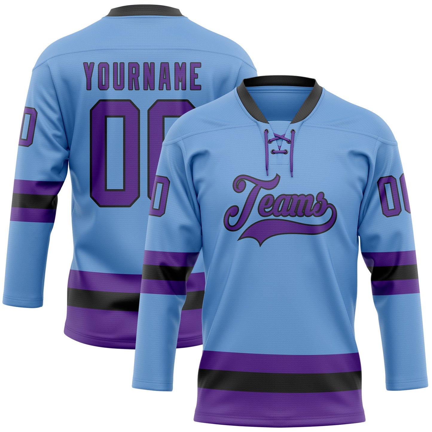 Custom Light Blue Purple-Black Hockey Lace Neck Jersey - Sky-Custom