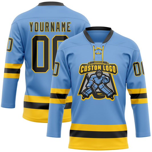 Custom Light Blue Black-Yellow Hockey Lace Neck Jersey - Sky-Custom