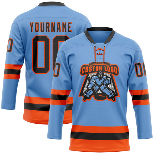 Custom Light Blue Black-Orange Hockey Lace Neck Jersey - Sky-Custom