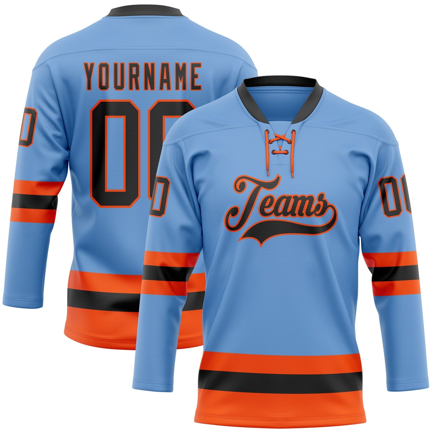 Custom Light Blue Black-Orange Hockey Lace Neck Jersey - Sky-Custom