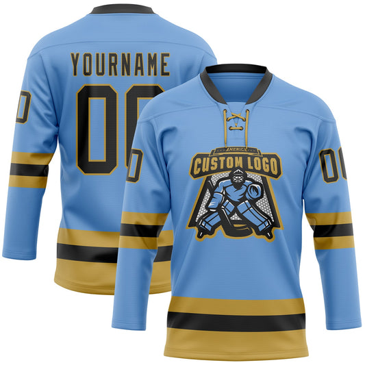 Custom Light Blue Black-Old Gold Hockey Lace Neck Jersey - Sky-Custom